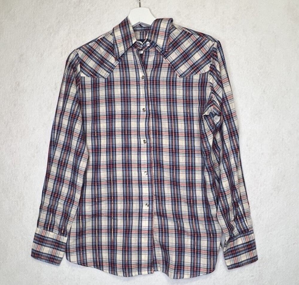 VTG Panhandle Slim Women 14 Shirt Blue Red Gold Plaid Pearl Snap Western USA